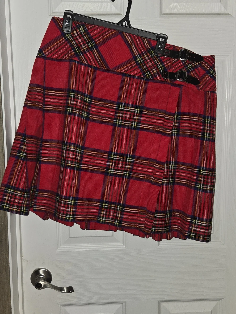Red Plaid Pleated Mini Skirt with Buckle Detail
